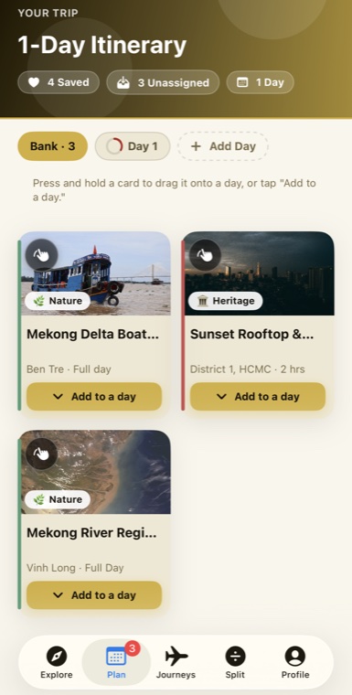TourStruct trip bank showing three saved favourites — Mekong Delta Boat Escape, Sunset Rooftop, and Mekong River Region — each with an Add to a day button.