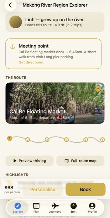 Mekong River Region Explorer tour detail page, led by guide Linh who grew up on the river, with a meeting point, directions, and a six-stop route.