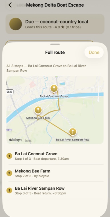 Full route map for the Mekong Delta Boat Escape, showing all three stops — Ba Lai Coconut Grove, Mekong Bee Farm, and Ba Lai River Sampan Row — plotted on a real map.