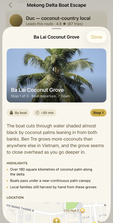 Ba Lai Coconut Grove stop detail, with a real photo, distance and duration, and highlights describing the coconut palms lining the delta.